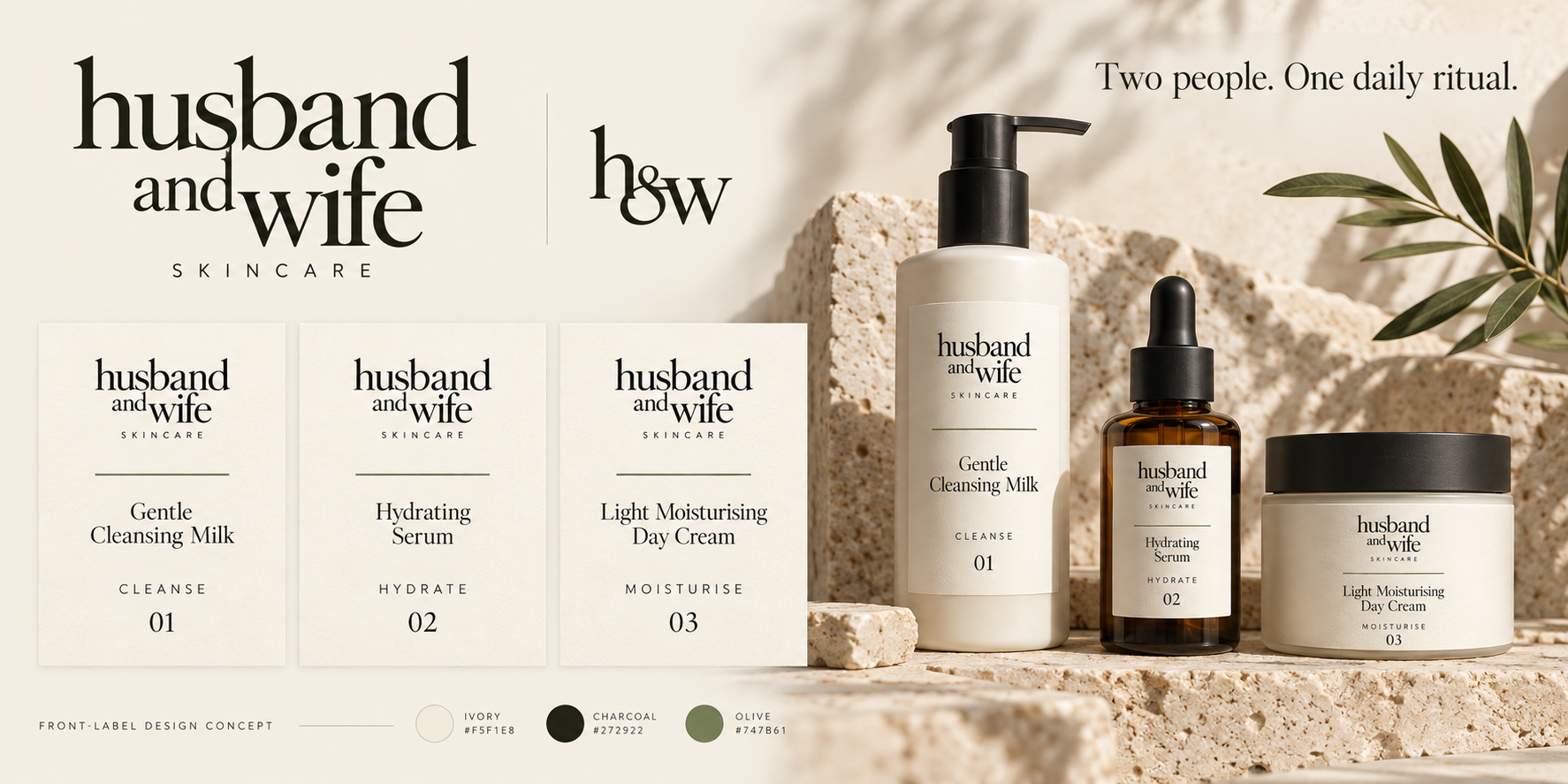 Complete Husband and Wife brand concept board showing the approved wordmark, h&w monogram, three proposed labels, branded packaging and colour palette