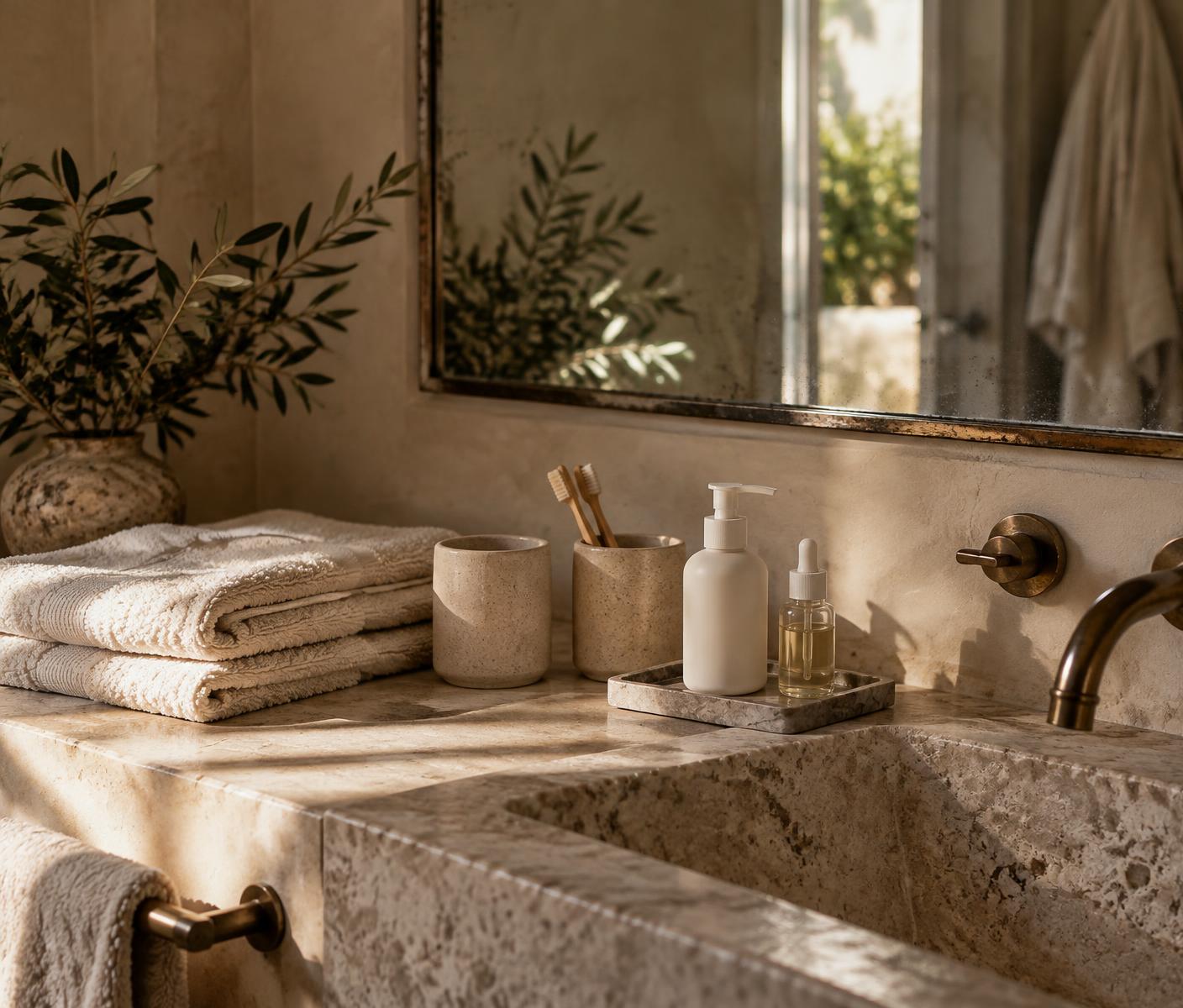 A shared bathroom shelf with towels and unlabelled skincare bottles in morning light